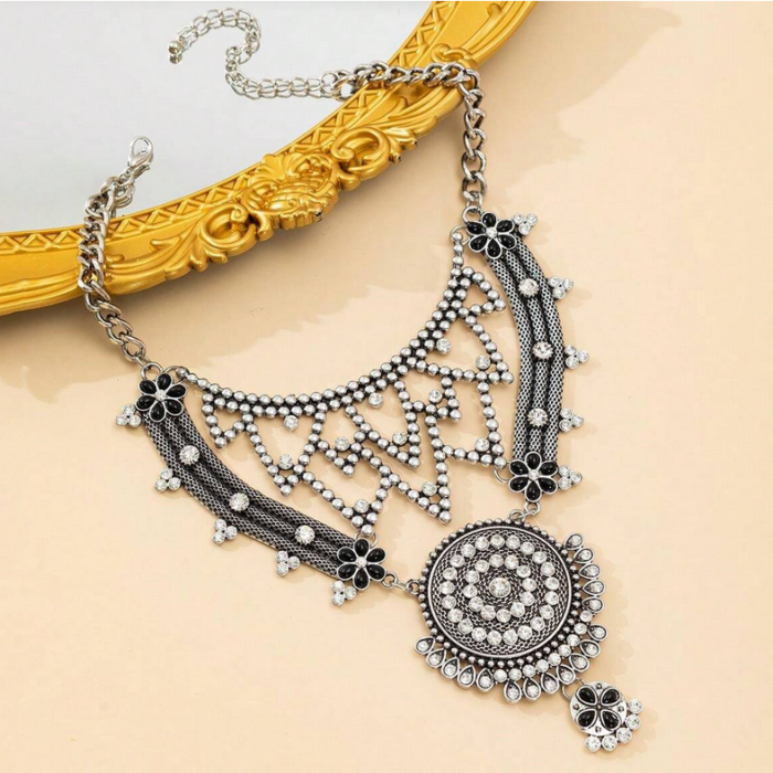 Boho Vintage Ασημί Statement Περιδέραιο με Ζιργκόν