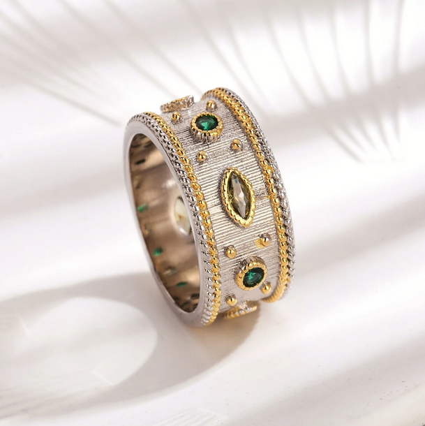 Δίχρωμο Επάργυρο Vintage Δαχτυλίδι με Πράσινα Ζιργκόν