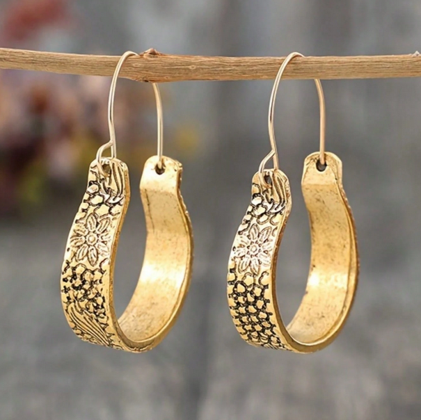 Boho Vintage Χρυσά Σκουλαρίκια Κρίκοι με Floral Σκαλιστά Σχέδια