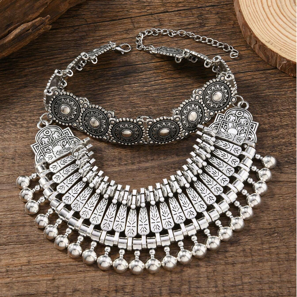 Boho Ethnic Ασημί Περιδέραιο Choker Aztec Queen