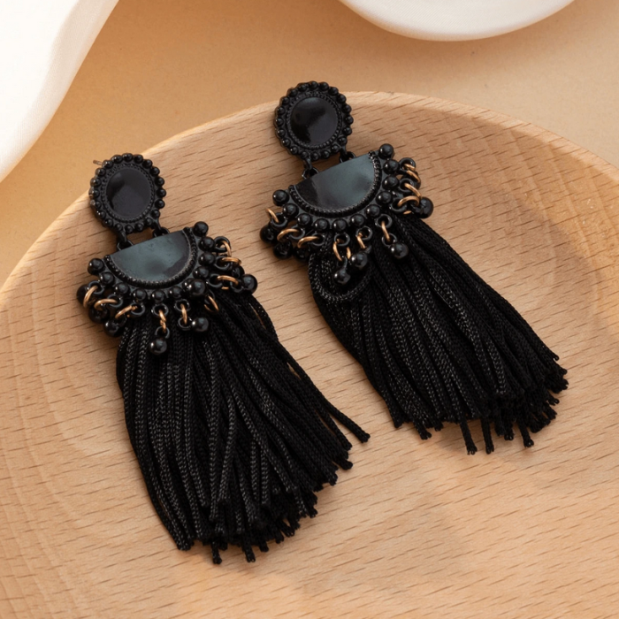 Boho Vintage Μαύρα Σκουλαρίκια με Κρόσσια