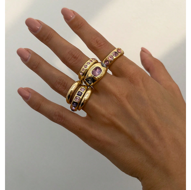 Boho Vintage Set 6 Χρυσά Minimal Δαχτυλίδια Purple Crystals