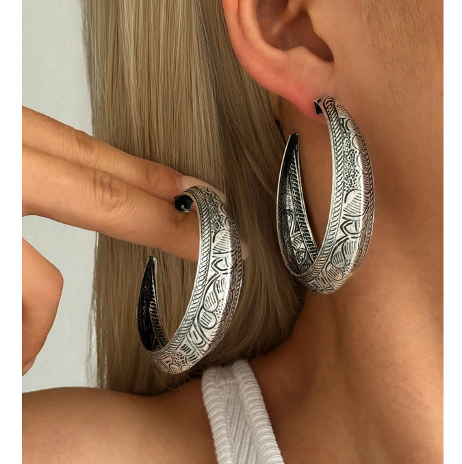 Σκαλιστά Ασημί Boho Vintage Σκουλαρίκια Κρίκοι