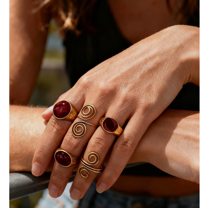Boho Vintage Set 5 Χάλκινα Δαχτυλίδια με Μπορντό Πέτρες