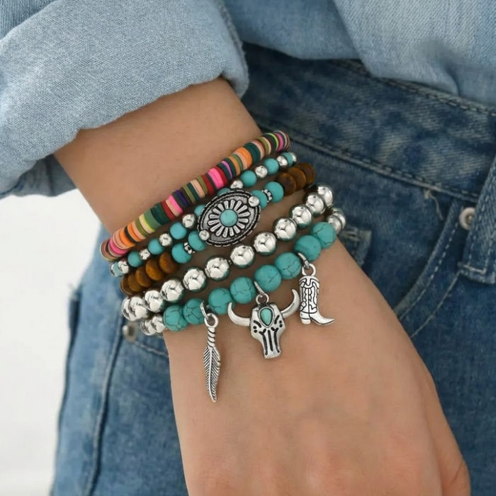 Boho Set 5 Ελαστικά Βραχιόλια με Χάντρες Western Cowboy