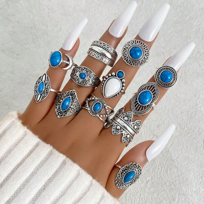 Boho Set 12 Ασημί Σκαλιστά Δαχτυλίδια με Τυρκουάζ Πέτρες