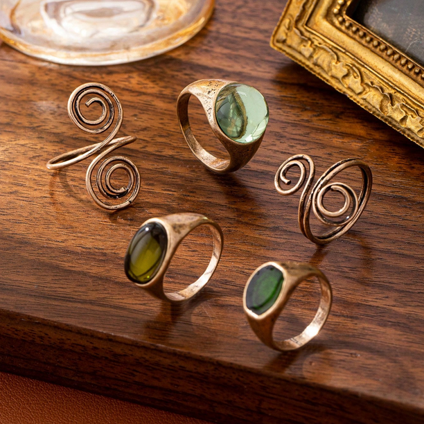 Boho Vintage Set 5 Χάλκινα Δαχτυλίδια με Πράσινες Πέτρες